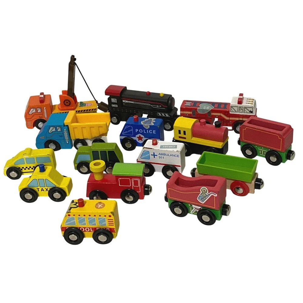 Wood Magnetic Wheels Mixed Lot Train Cars Trucks Vehicles 15 Piece Set Playtime